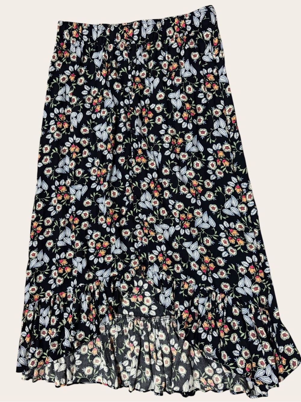 LOFT Floral Ruffle Hem Midi Skirt S Black Boho Cottagecore Rayon